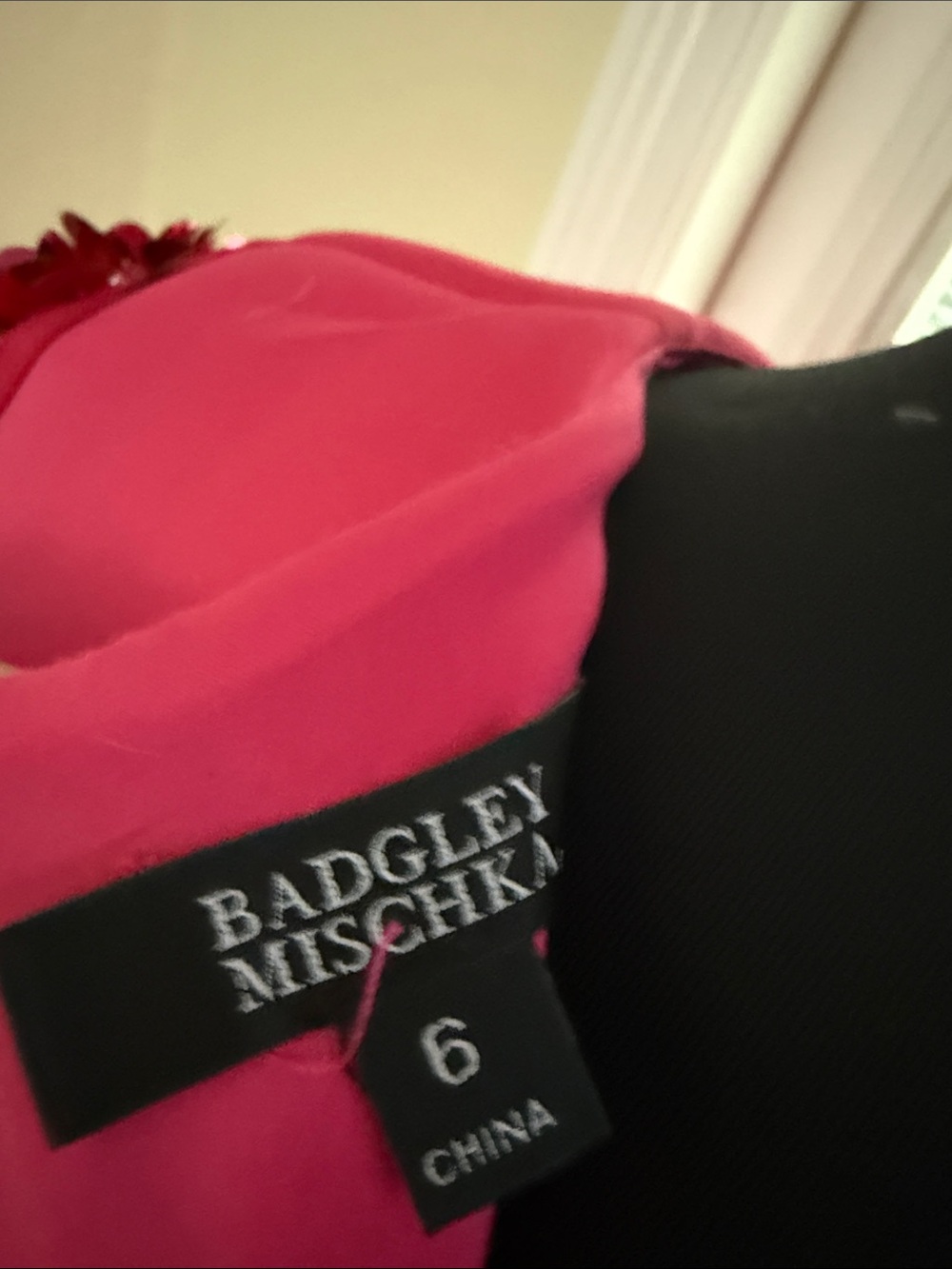 Badgley Mischka Hot Pink V-Neck Midi Dress with Embellished Puff Sleeves - Picture 3 of 4